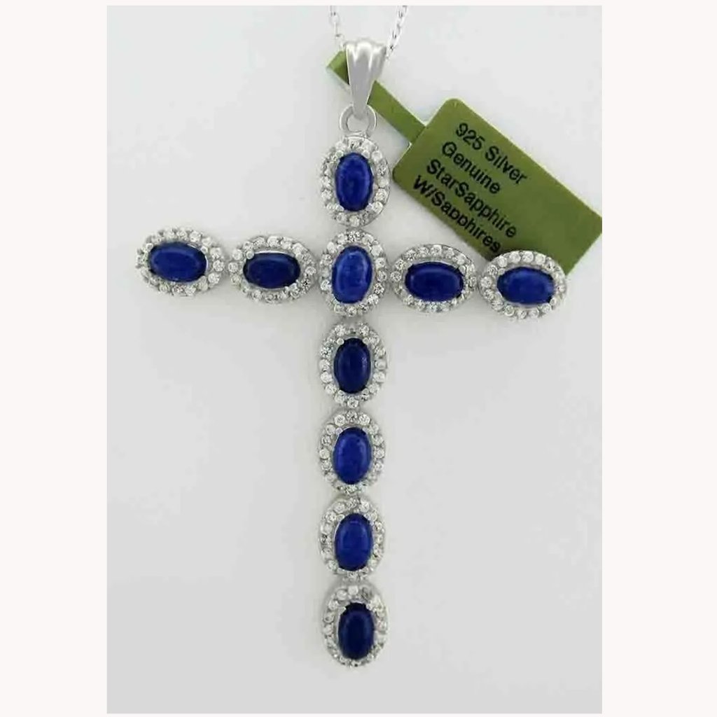 Genuine 13.28 Cts Blue & White Sapphire Cross Pendant Necklace .925 Silver